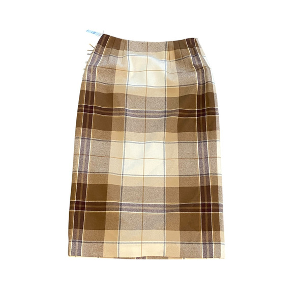 Vtg Talbots 100% LambsWool Wrap Midi Skirt Brown Tan Striped Plaid Size 10P NWT - Picture 6 of 7